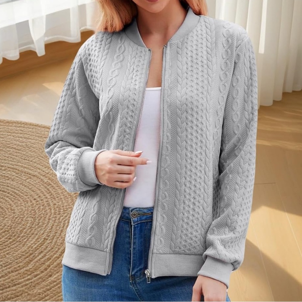 Gray Cable Knit Zip Front Cardigan Jacket